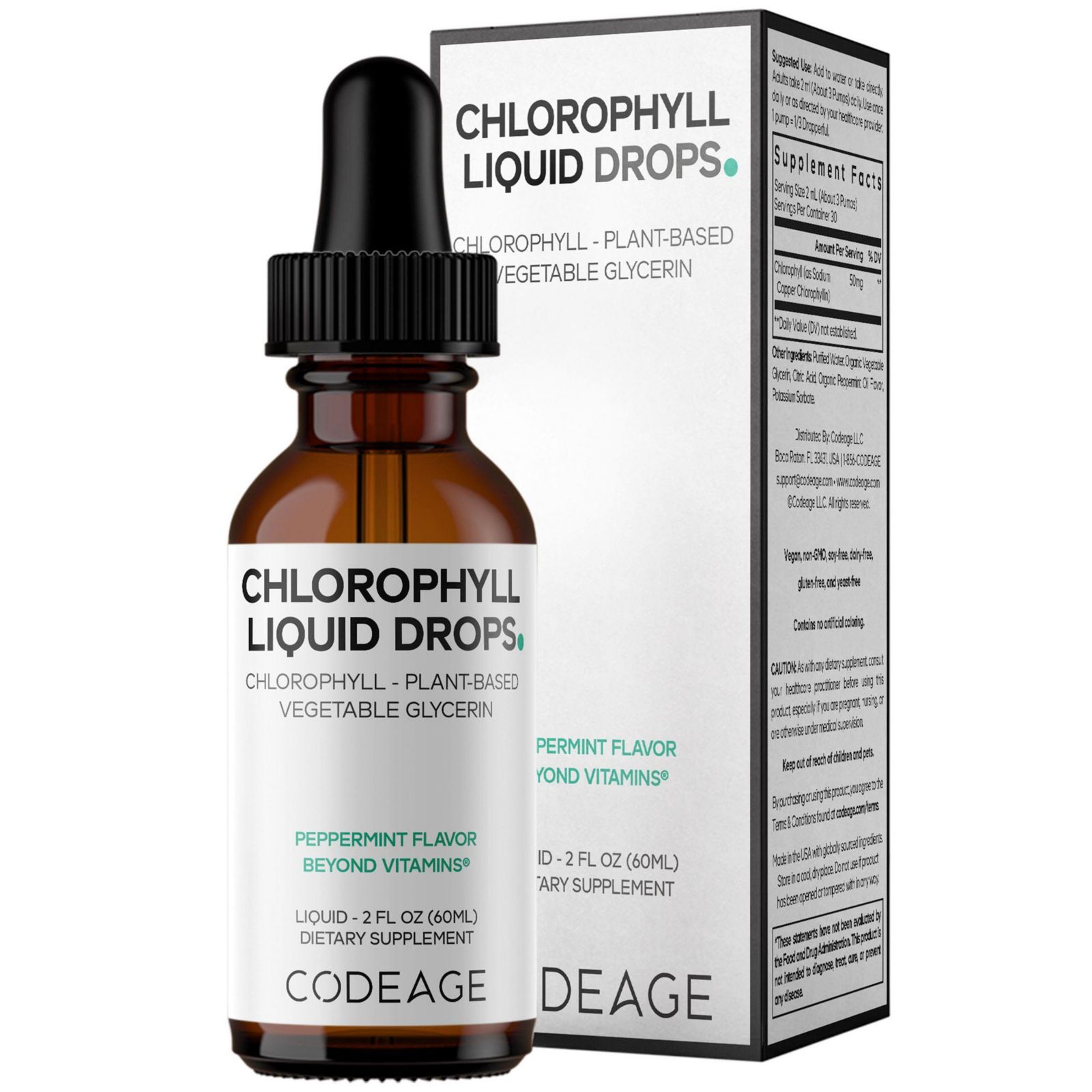 Codeage Chlorophyll Liquid Drops Supplement - хлорофилл 50 mg на порцию, жидкий хлорофилл, органический вкус мяты, 2 fl oz