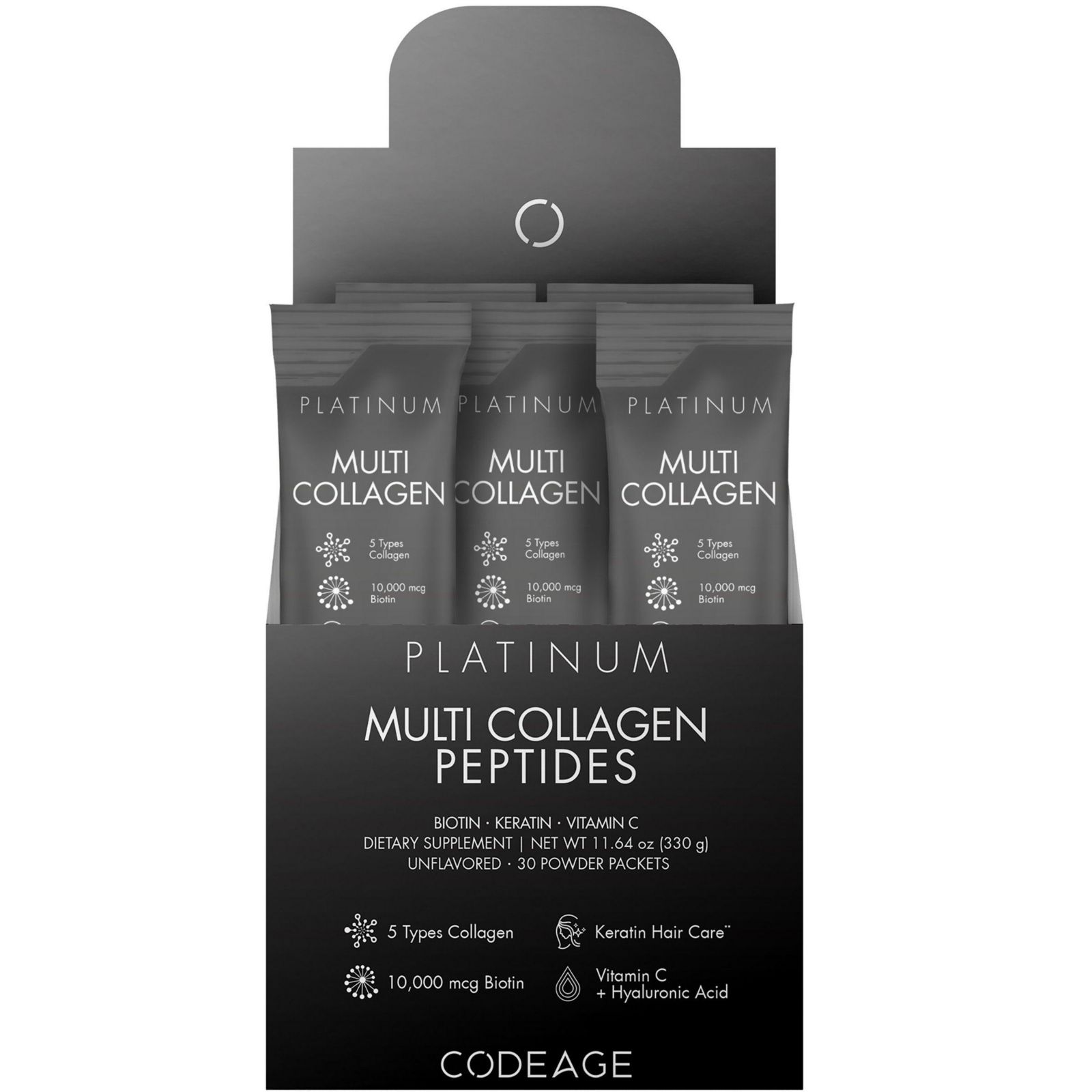 Мультиколлаген и биотин Codeage 10,000 mcg + Vitamin C, B6 и D3, Keratin, Hyaluronic Acid, Amino Acids, 5 Types Collagen - 30 Powder Packets