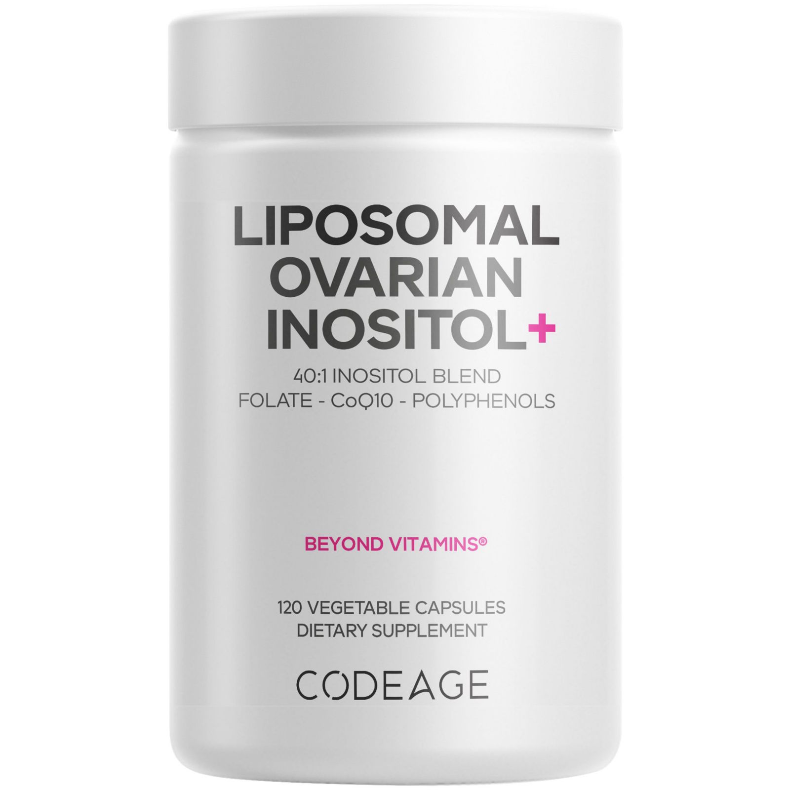 Добавка Codeage Liposomal Ovarian Inositol+ Myo-Inositol & D-Chiro-Inositol 40:1 Blend, Folate 5-MTHF, Pomegranate & Wild Blueberry, 120 Capsules