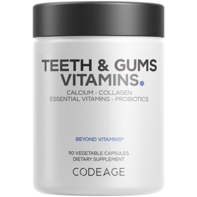 Codeage Teeth & Gums Vitamins + Oral Probiotics Supplement for Mouth - Whole Food Calcium, Collagen, Potassium, Vitamin C, D3, K2, Zinc - 90 Capsules