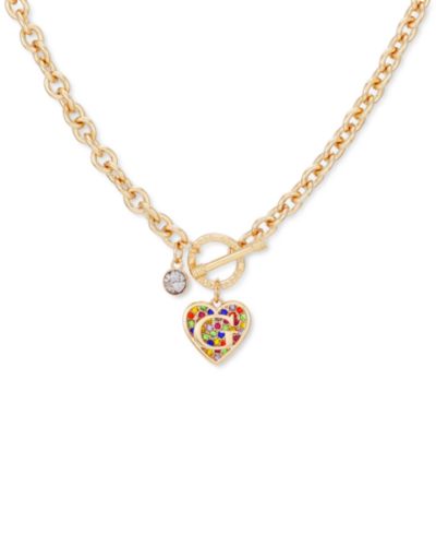 Подвеска GUESS Gold-Tone Rainbow Pavé Logo Heart 17"