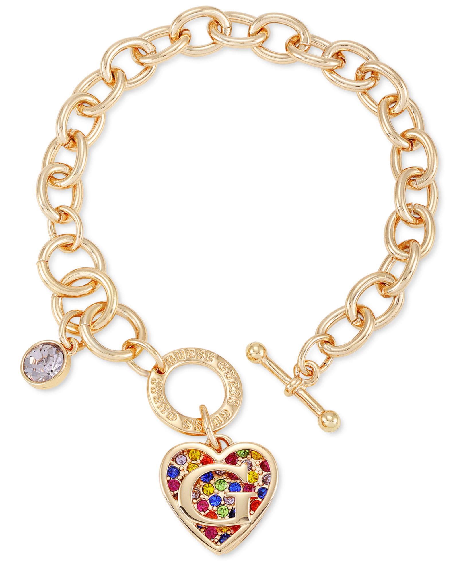 Браслет GUESS Gold-Tone Rainbow Pavé Logo Heart Link