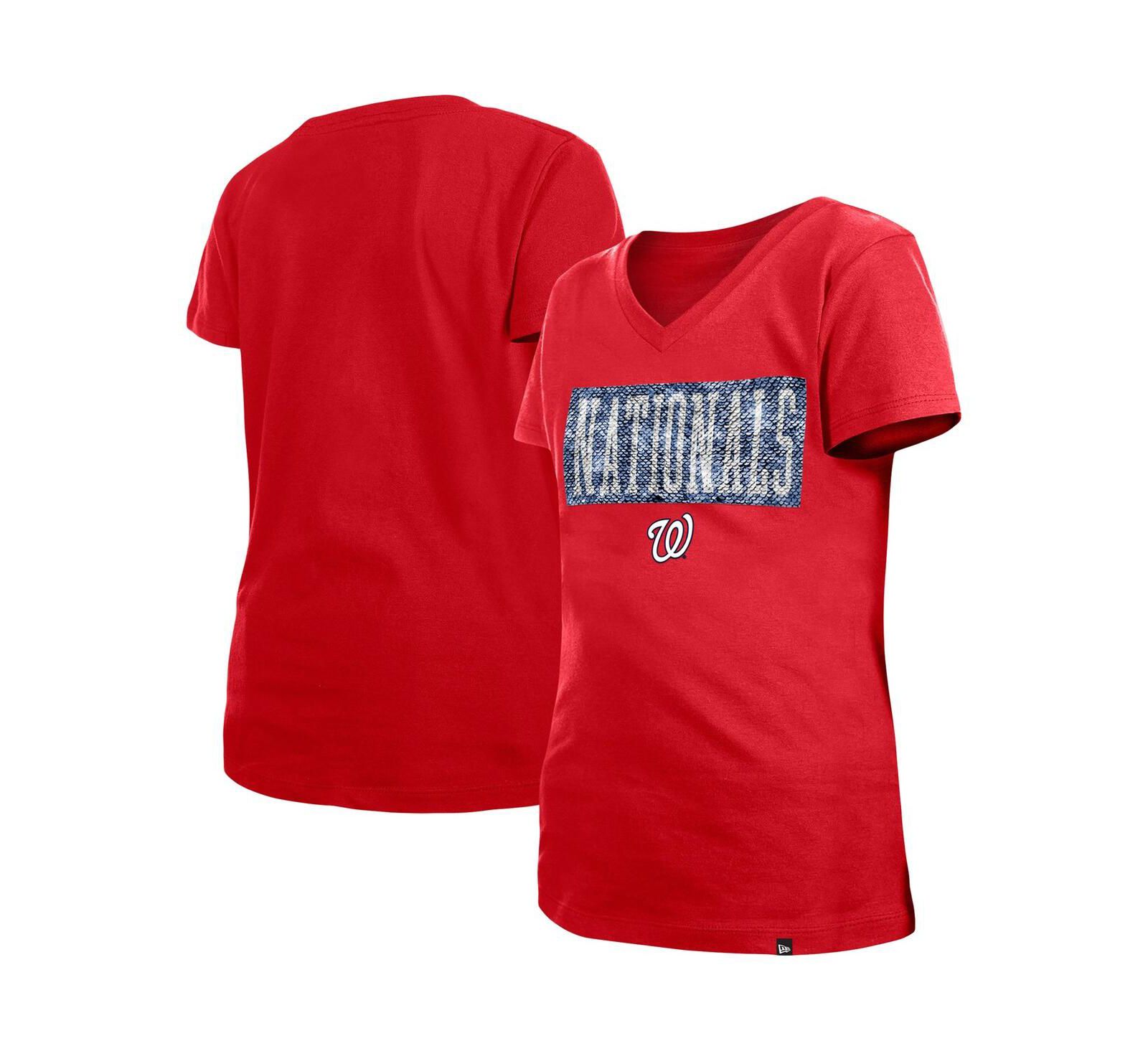 Футболка New Era для девочек с пайетками Washington Nationals V-neck красная