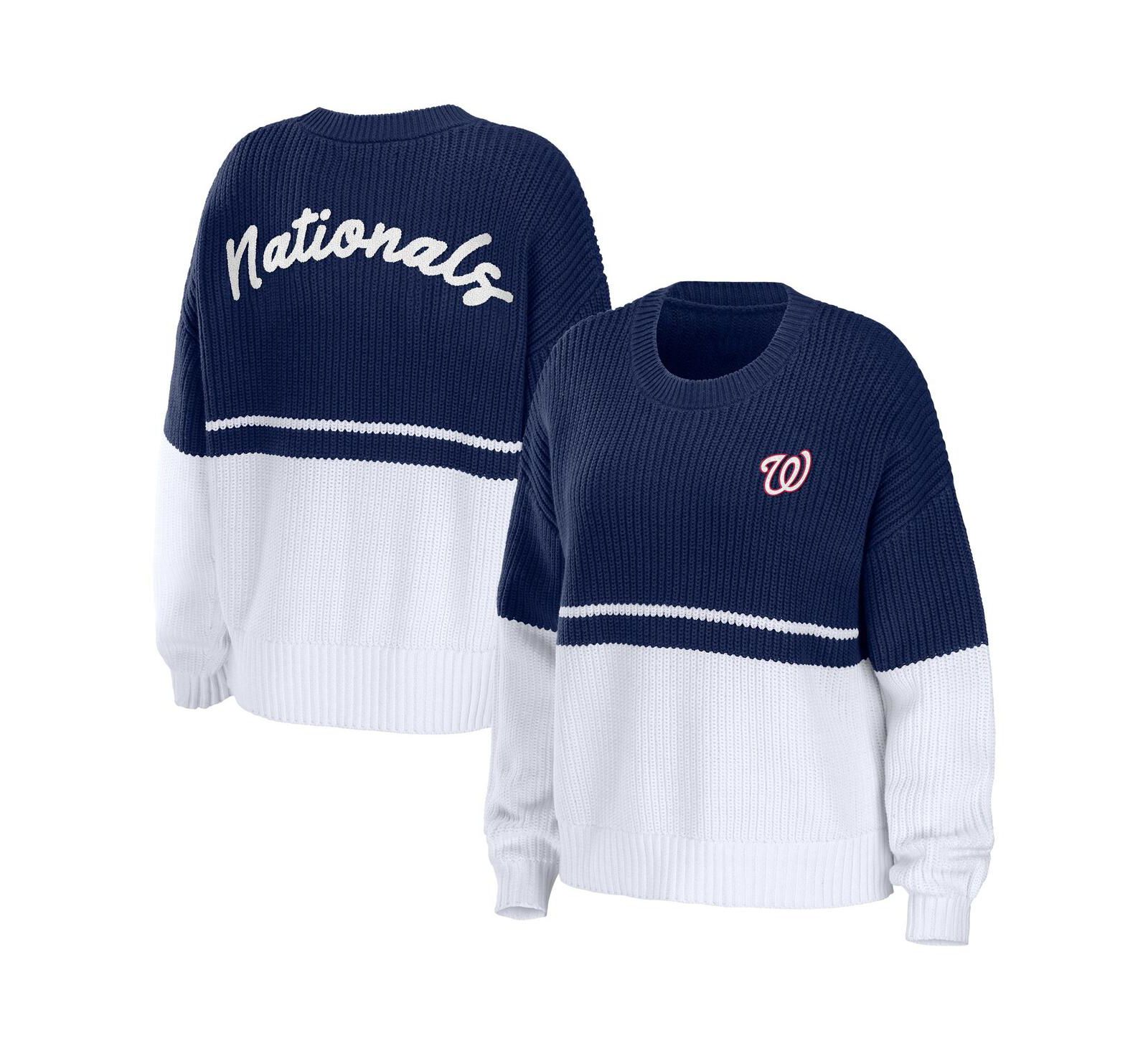 Women's WEAR by Erin Andrews Navy, White Washington Nationals Chunky Pullover Sweater