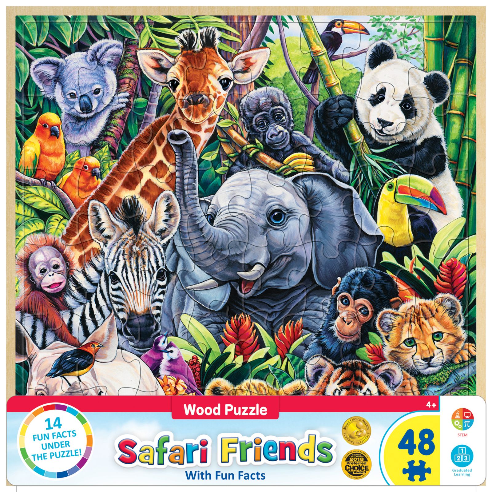 Masterpieces Puzzles Safari Friends Fun Facts 48 Piece Wood Jigsaw Puzzle, Ages 4+