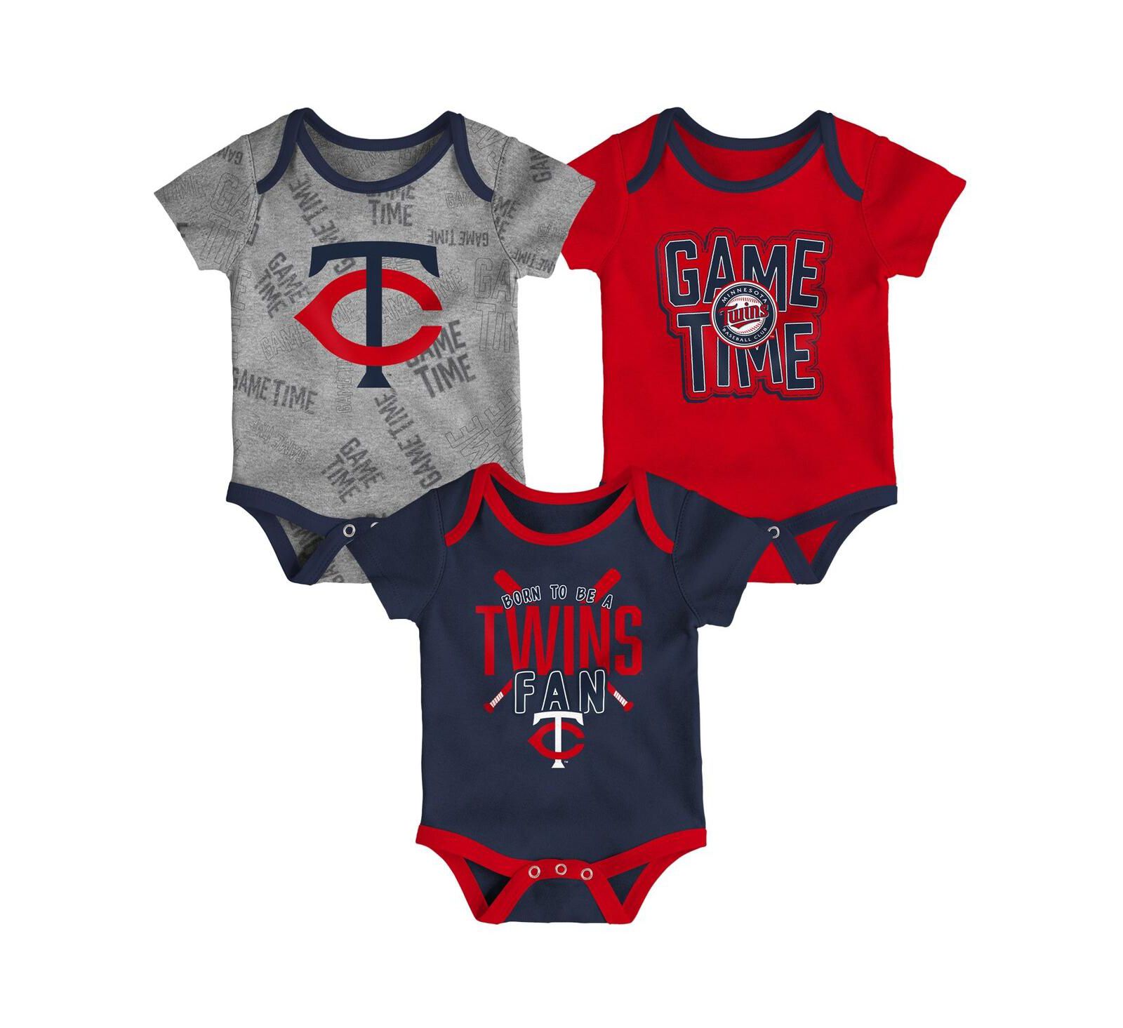 Комплект боди из 3 предметов для новорожденных и младенцев Minnesota Twins Navy, Red, Heathered Gray Game Time