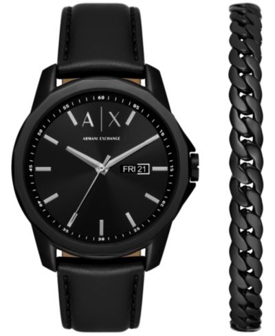 Мужские часы A|X Armani Exchange Three-Hand Day-Date Quartz с черным кожаным ремешком 44mm и черным стальным браслетом