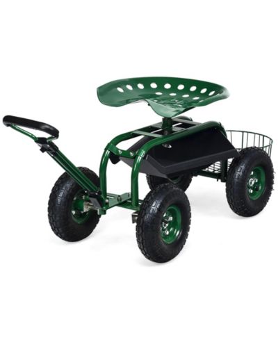 Garden Cart Patio Wagon Roll Work Seat with Tray Basket Extendable