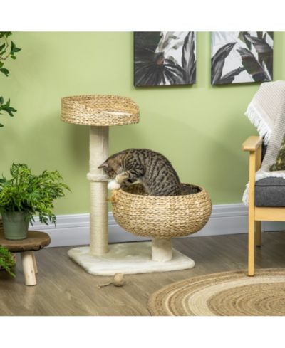 Приподнятая кошачья лежанка PawHut с когтеточкой и игрушкой
