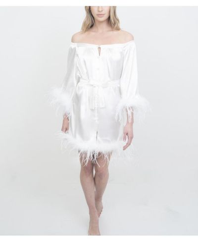 Le Laurier Bridal Women's Bridal Off-The-Shoulder Hair and Makeup Robe Feather Trim On The Sleeve and Hem