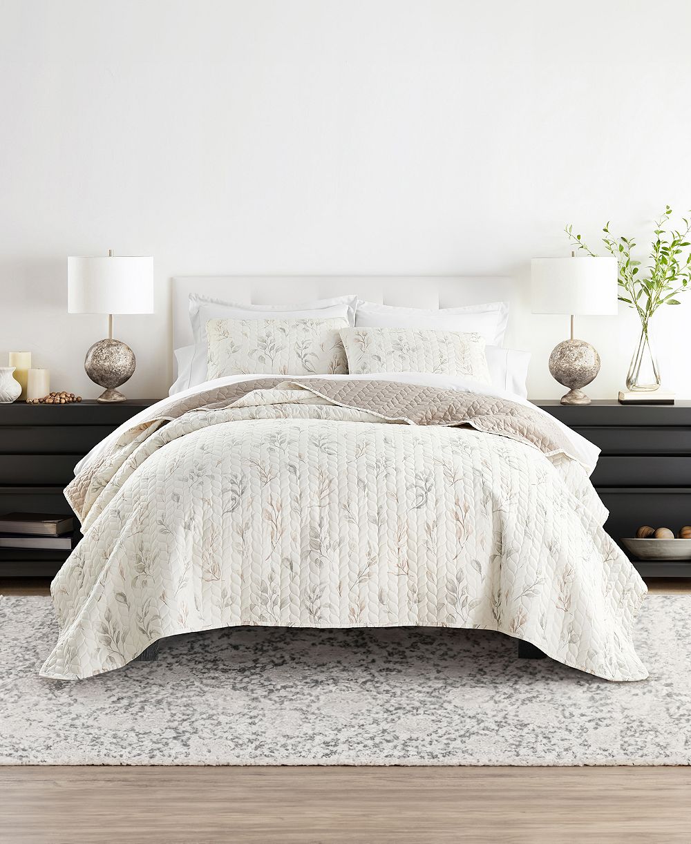 ienjoy Home Watercolor Leaves and Stripe Reversible 2-Pc. Lightweight Quilt Set, Twin/Twin XL