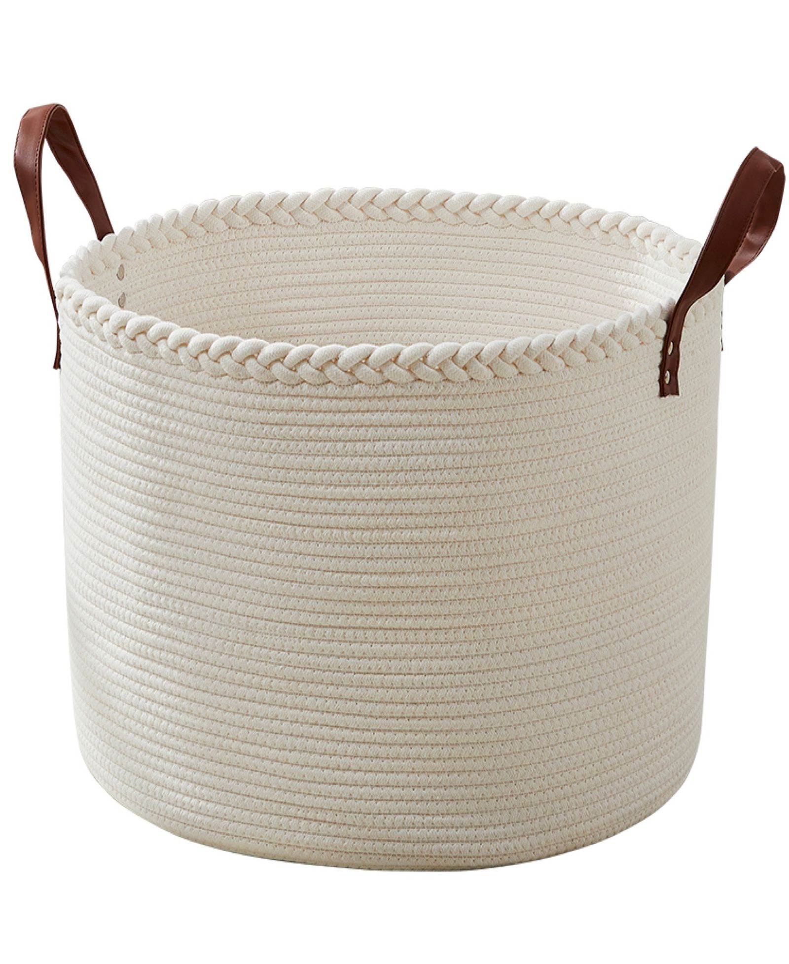 Ornavo Home 21" Large Round Cotton Rope Storage Basket Laundry Hamper with Faux Leather Handles