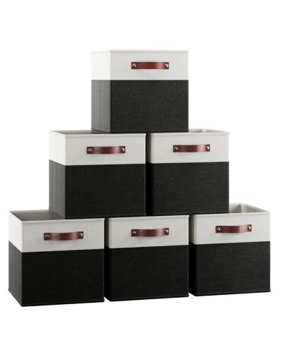 Набор из 6 тканевых контейнеров для хранения Ornavo Home из льна с ручками из искусственной кожи