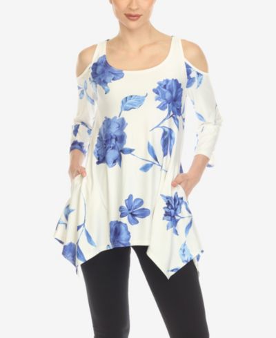 White Mark Women's Floral Printed Cold Shoulder Tunic Top