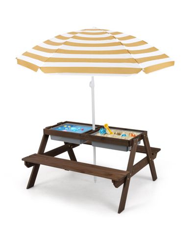 Costway 3-in-1 Kids Picnic Table Wooden Outdoor Sand & Water Table with Umbrella Play Boxes