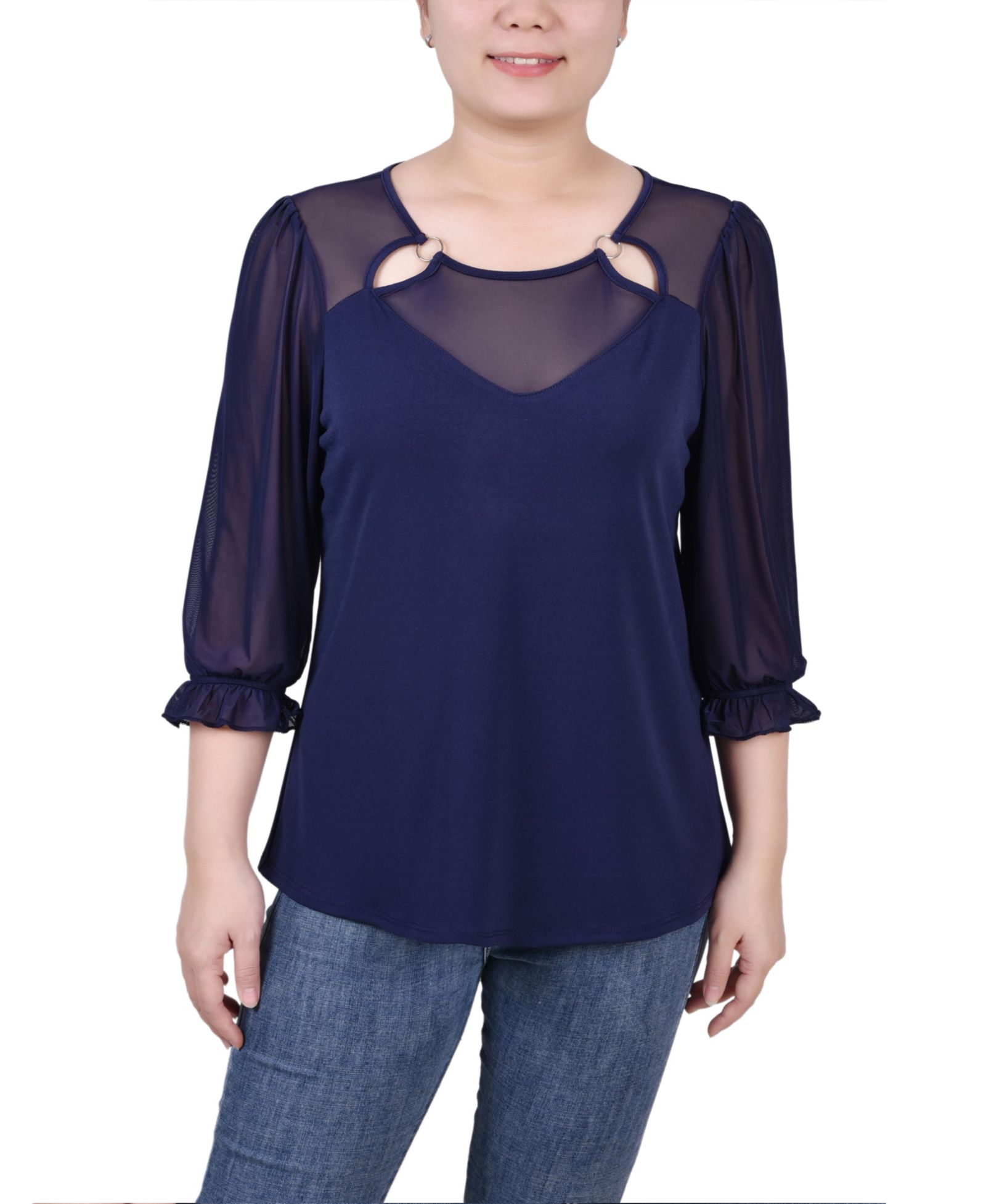 NY Collection Petite 3/4 Sleeve Ringed Mesh Top