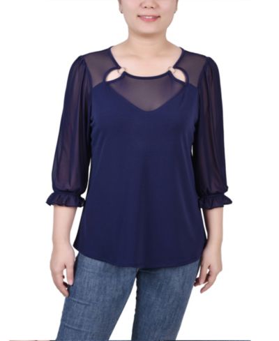 NY Collection Petite 3/4 Sleeve Ringed Mesh Top