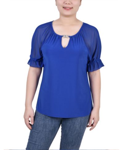 NY Collection Petite Short Ruffle Sleeve Rhinestones Top