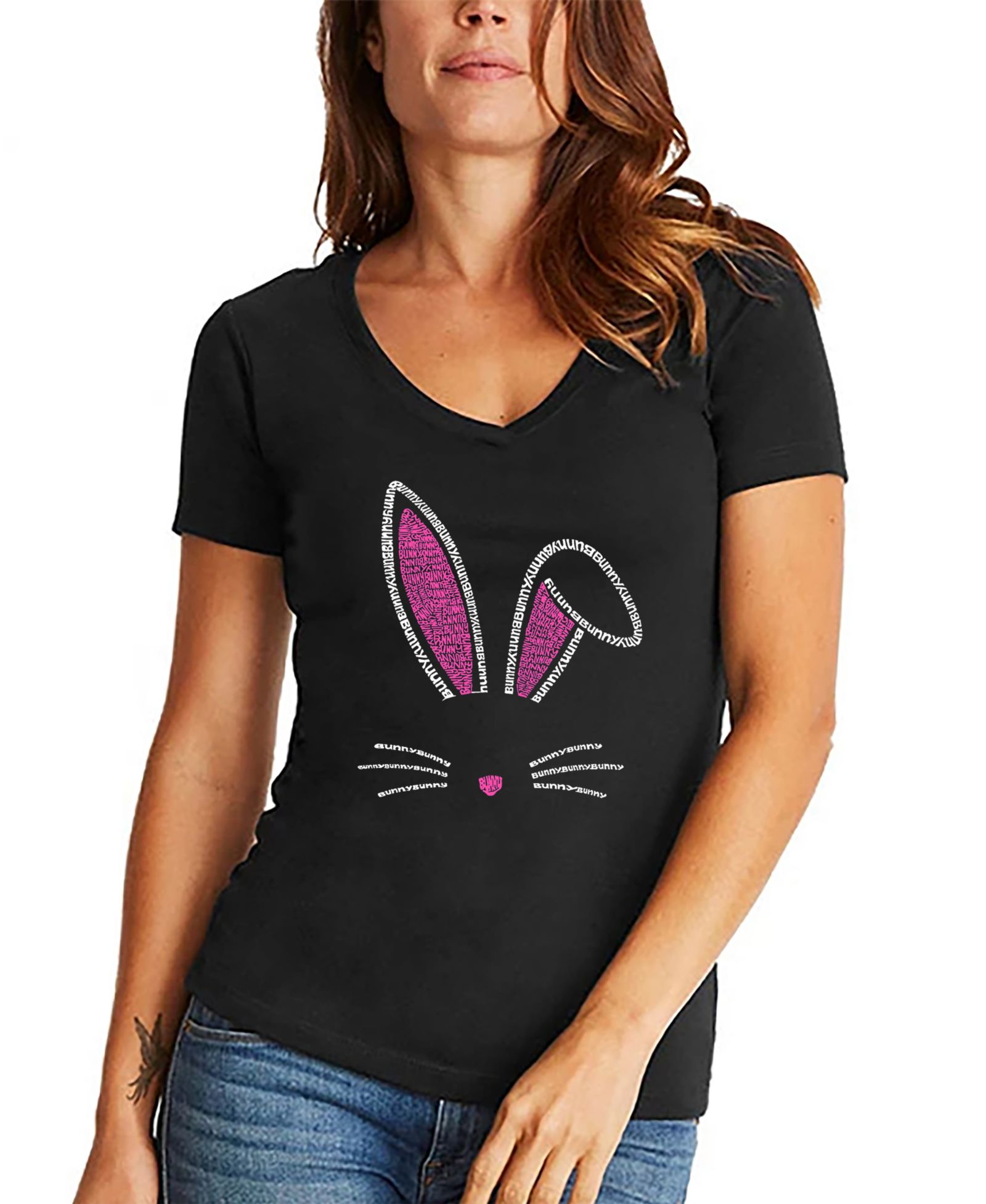 LA Pop Art Women's Bunny Ears Word Art V-Neck T-shirt