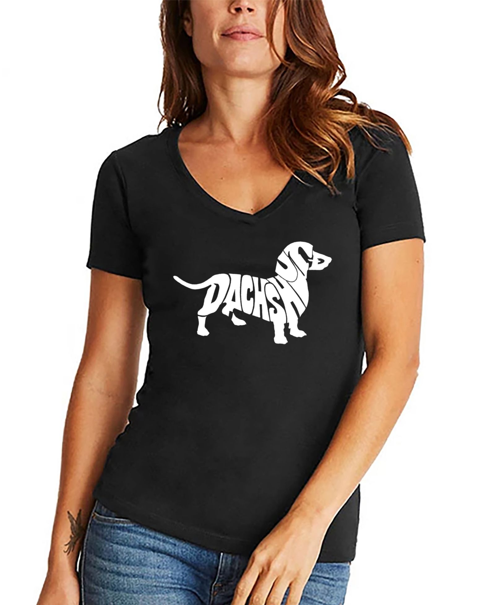 LA Pop Art Women's Dachshund Word Art V-Neck T-shirt