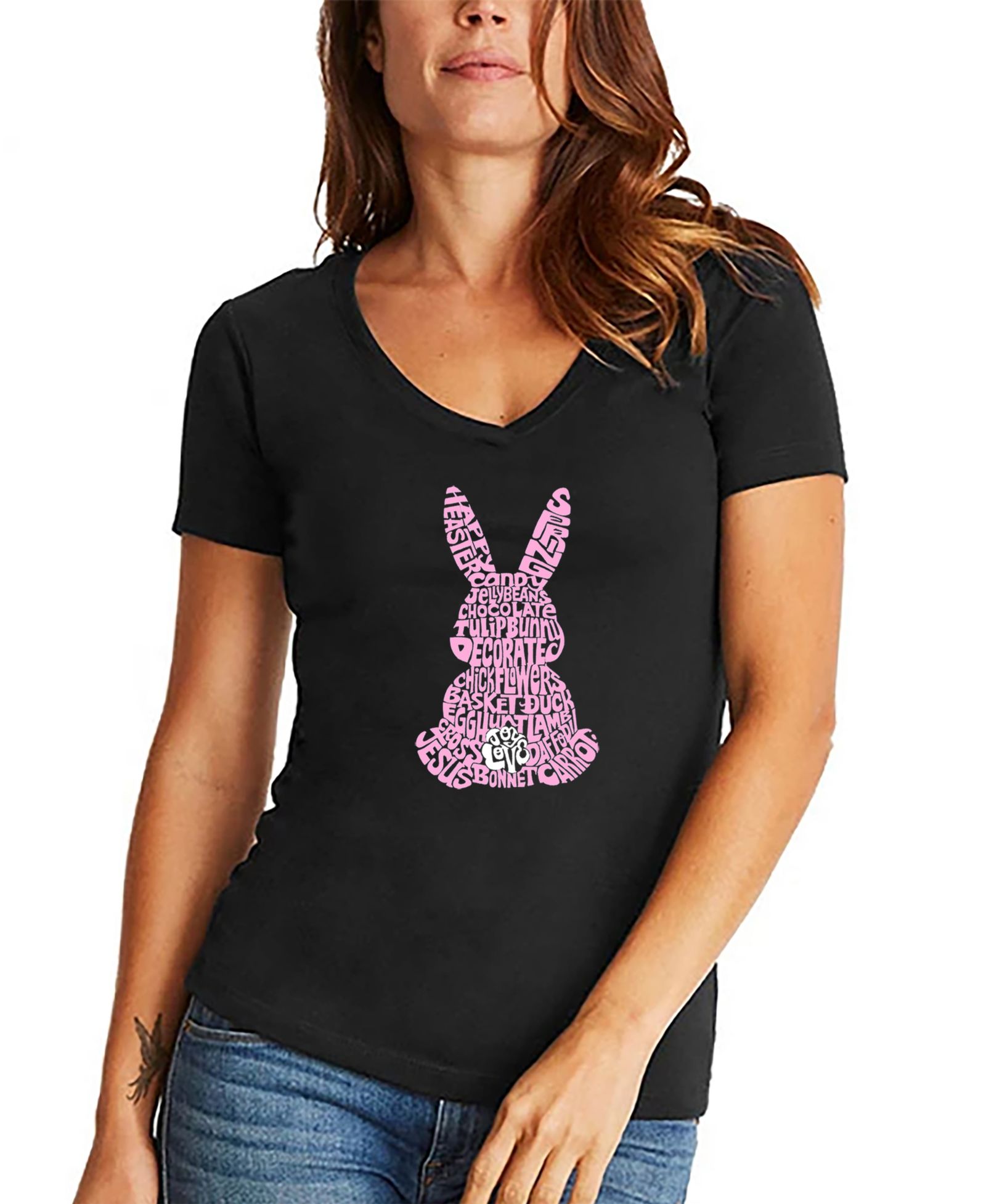 LA Pop Art Women's Easter Bunny Word Art V-Neck T-shirt