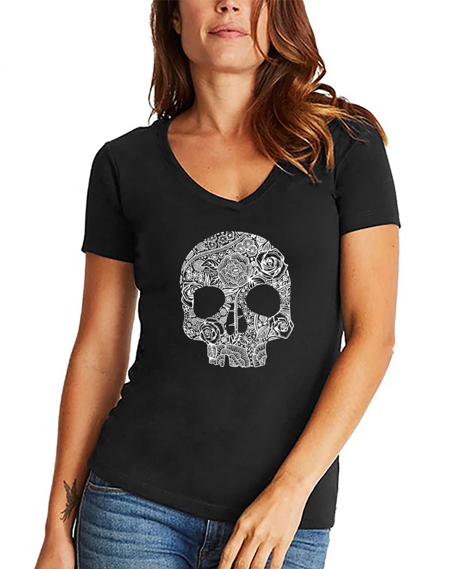 LA Pop Art Women's Flower Skull Word Art V-Neck T-shirt