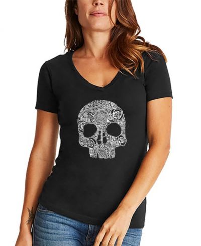LA Pop Art Women's Flower Skull Word Art V-Neck T-shirt