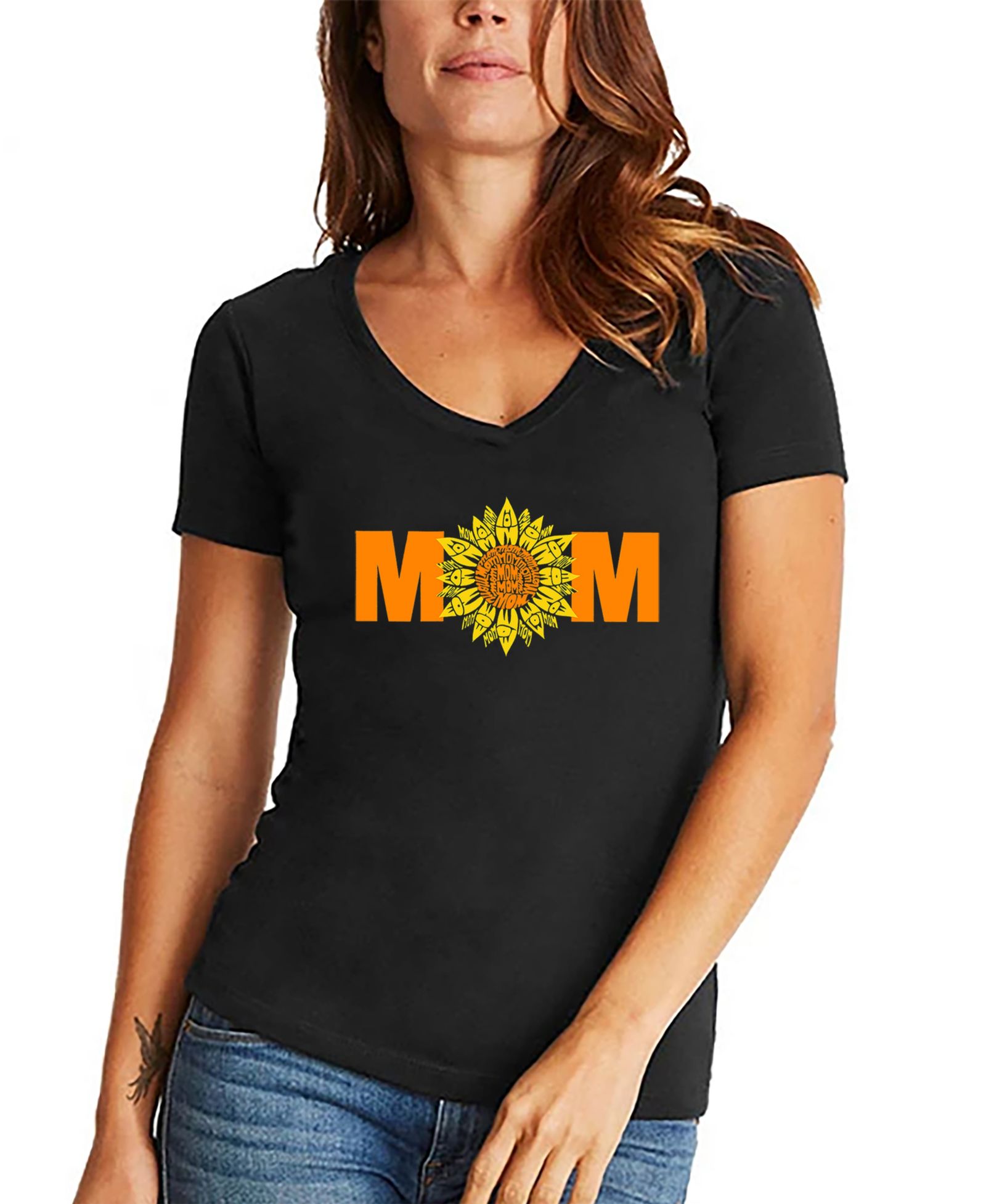 LA Pop Art Women's Mom Sunflower Word Art V-Neck T-shirt