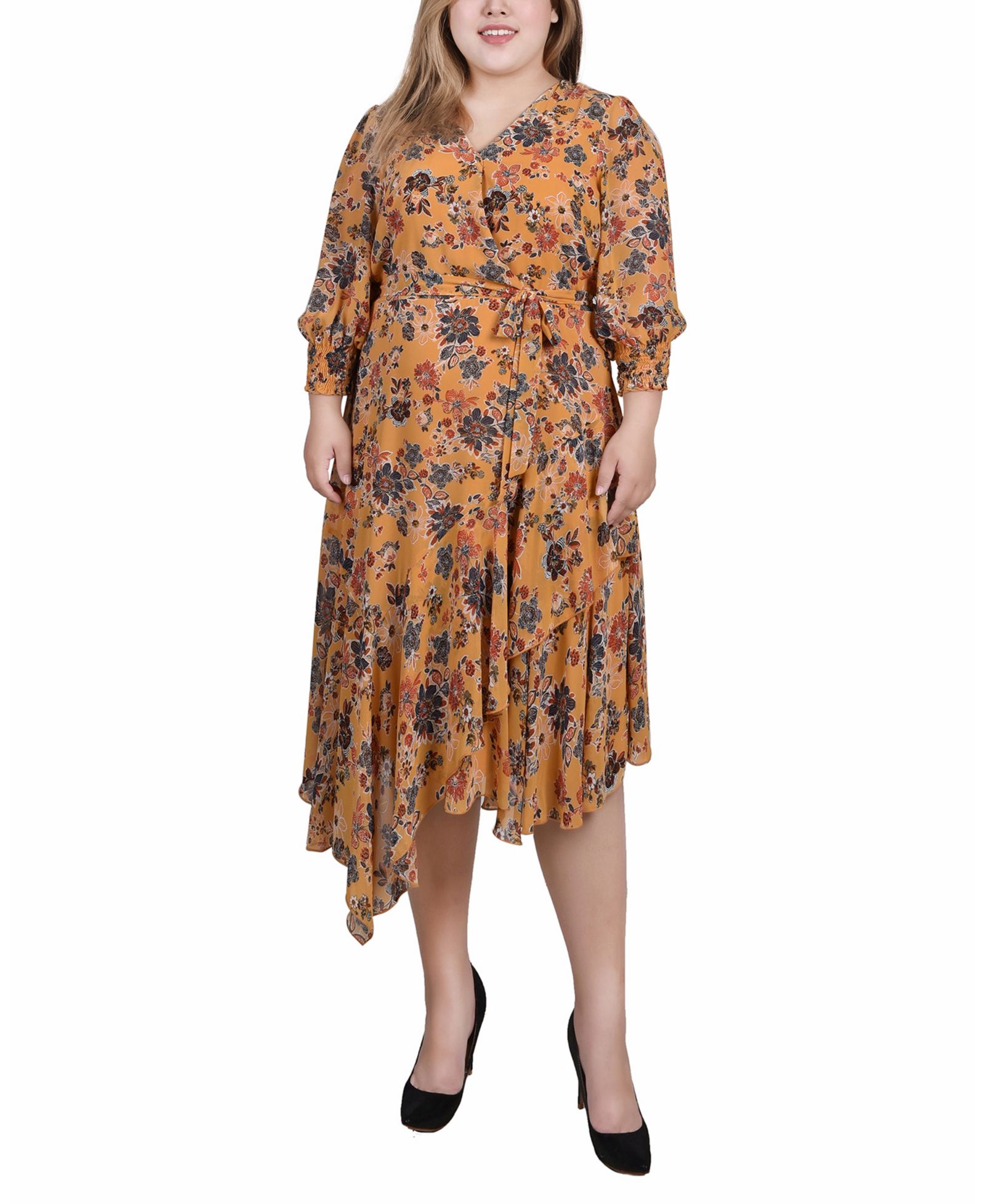 NY Collection платье Plus Size с рукавом 3/4 и поясом, шифон