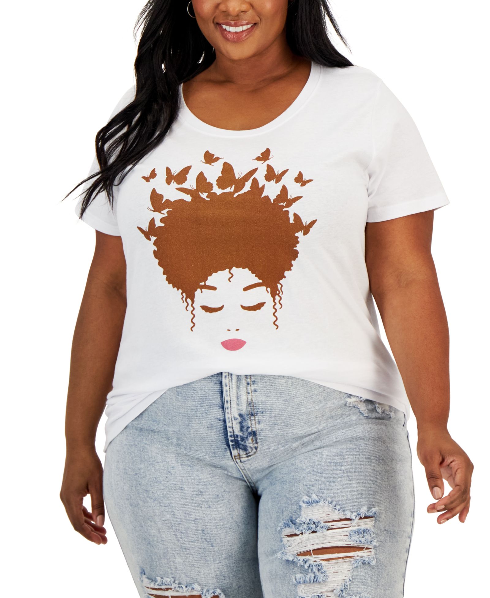 Hybrid Apparel Trendy Plus Size Butterfly Afro Hair Graphic T-Shirt