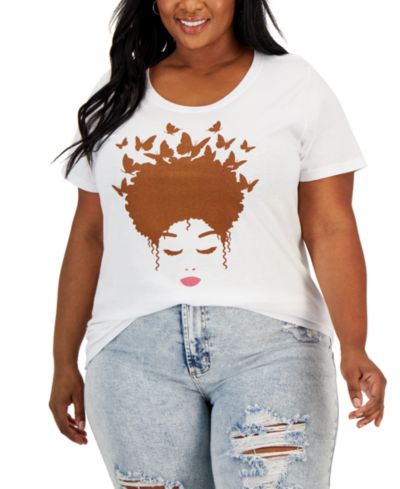 Hybrid Apparel Trendy Plus Size Butterfly Afro Hair Graphic T-Shirt