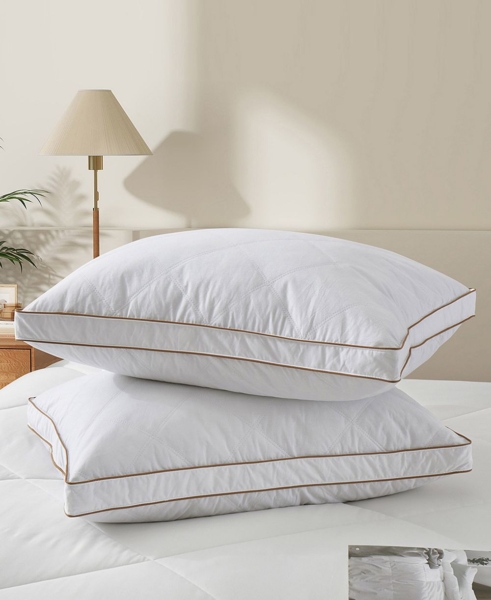 UNIKOME Diamond Quilted Goose Feather Gusseted 2-Pack Pillows, Queen
