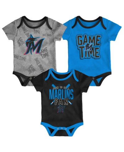 Newborn and Infant Boys and Girls Miami Marlins Black, Blue, Heathered Gray Game Time Three-Piece Bodysuit Set