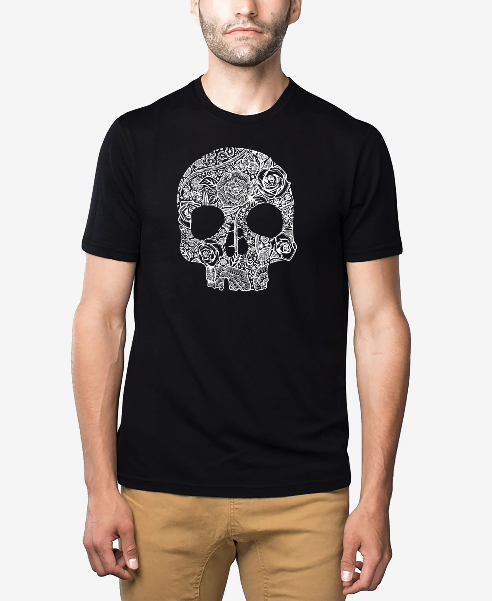 LA Pop Art Men's Cotton/Poly Blend Word Art T-shirt - Flower Skull