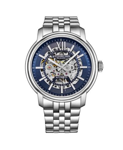 Stuhrling Atrium 4031 Мужские автоматические скелетные часы – 42mm, Silver-Tone Case & Bracelet, Blue Skeleton Dial