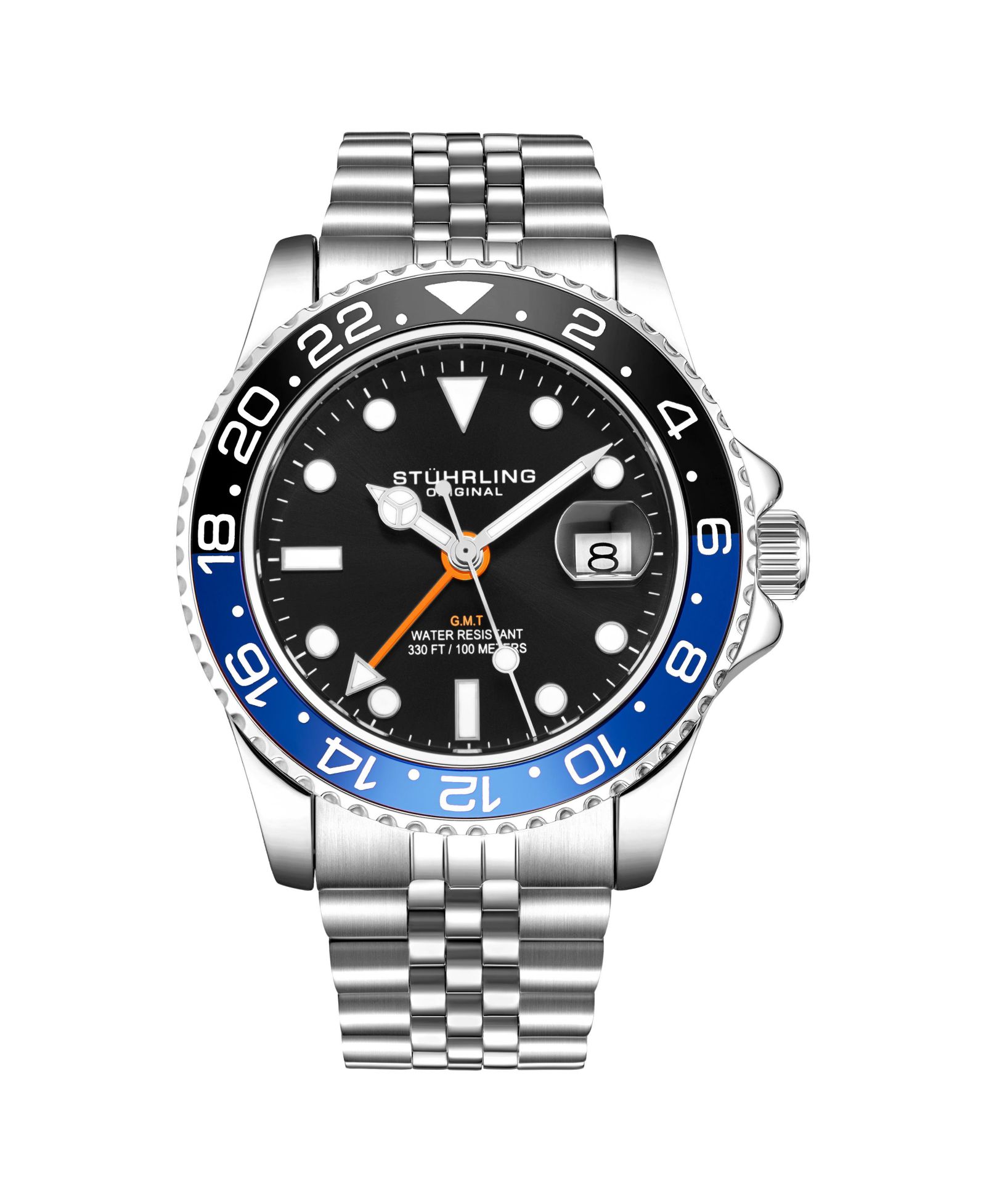 Stuhrling Meridian 3968 Men s GMT Diver Watch - Quartz Movement, 42mm Stainless Steel Case, Black Dial, Blue/Black Bezel