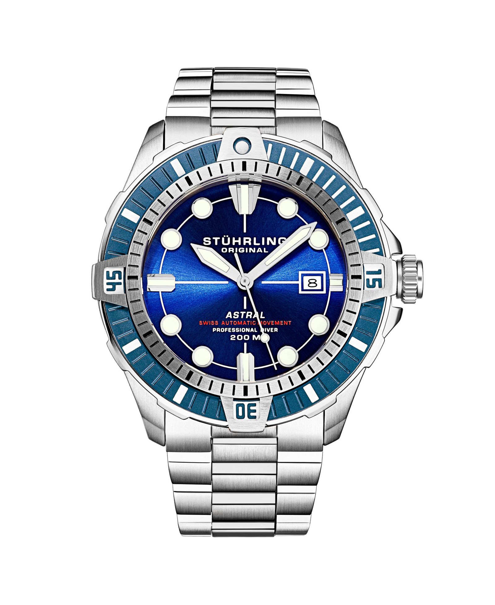 Stuhrling Men s Astral Diver 44mm Swiss Automatic Watch, Blue Dial, Stainless Steel Bracelet, Rotating Bezel, 200M Water Resistant