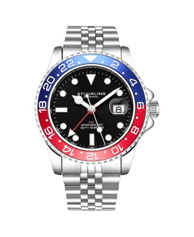 Мужские часы Stuhrling Meridian 3968 GMT Diver, кварцевый механизм, 42mm, стальной корпус, черный циферблат, красно-синий безель