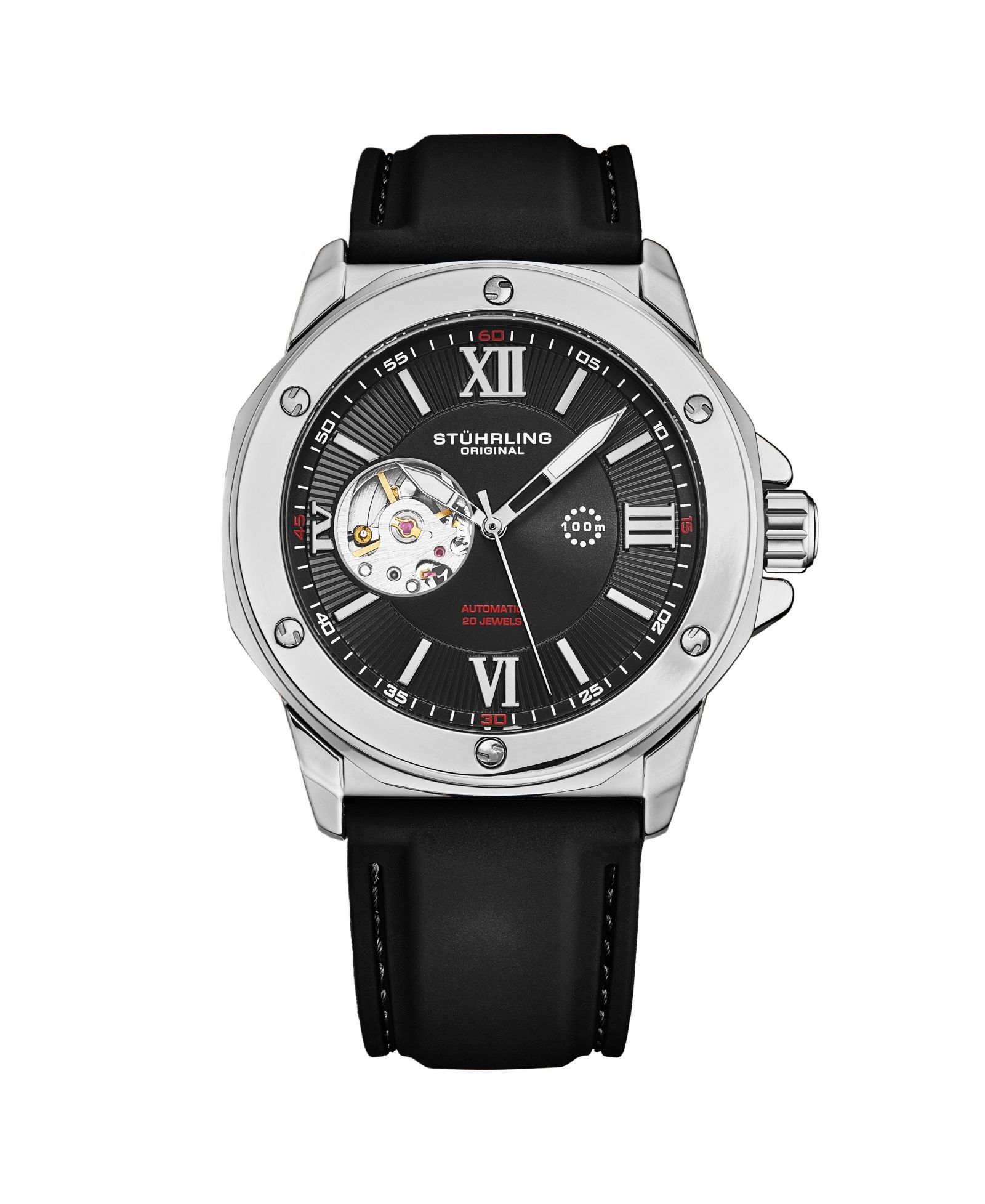 Stuhrling Edwardian 4018 Men s Automatic Skeleton Watch - 44mm Stainless Steel Case, Skeleton Dial, Silicone Strap
