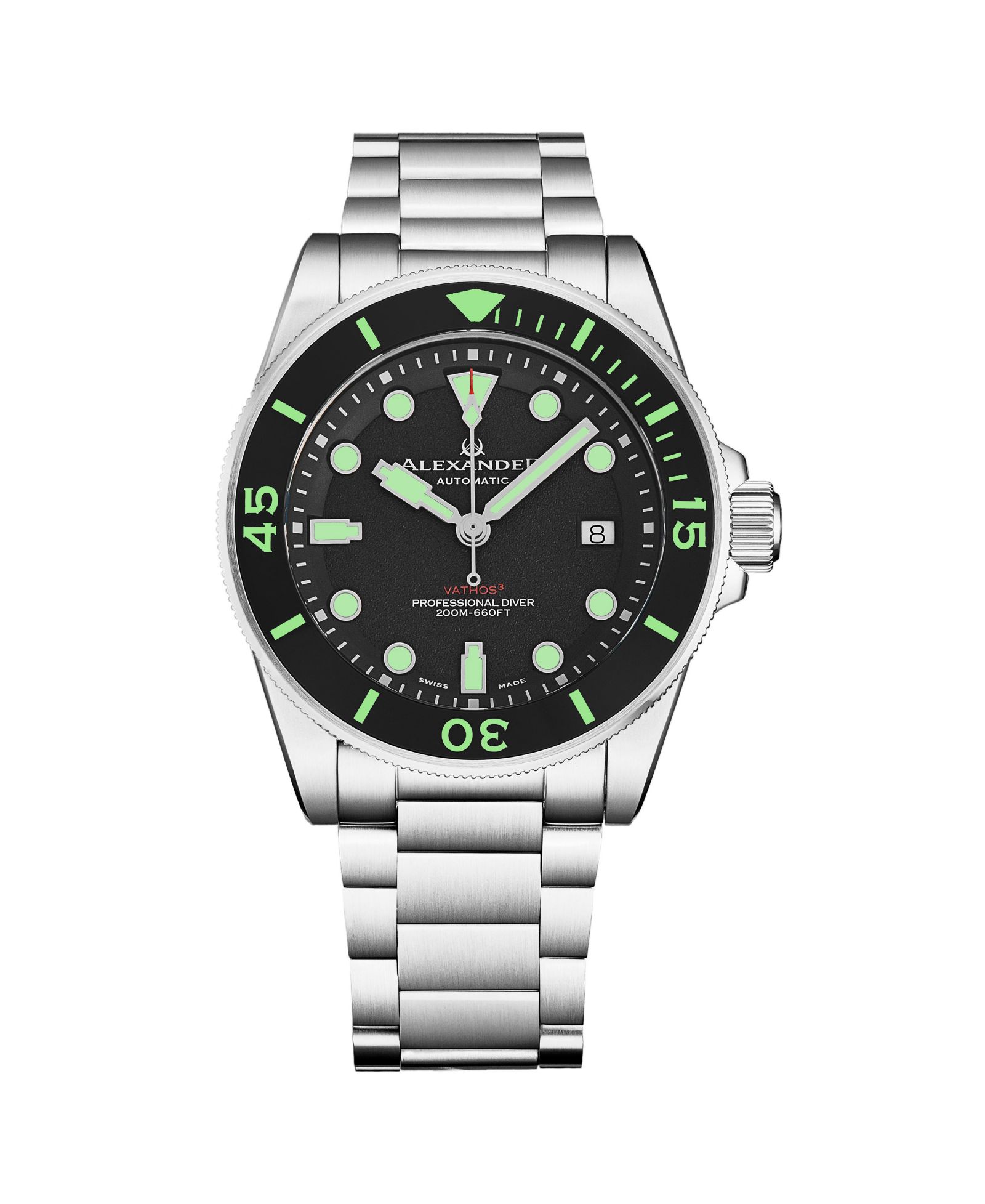Alexander Vathos3 Men's Swiss Made Diver Watch 43mm Silver Tone Stainless Steel Case Black Two Tone Dial Sapphire Crystal Stainless Steel Bracelet