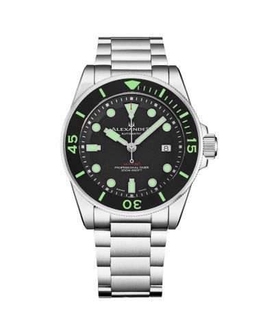 Alexander Vathos3 Men's Swiss Made Diver Watch 43mm Silver Tone Stainless Steel Case Black Two Tone Dial Sapphire Crystal Stainless Steel Bracelet
