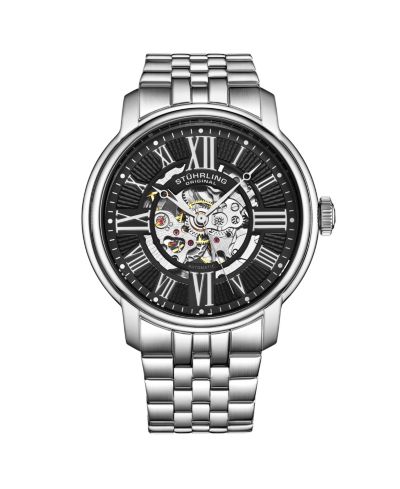 Stuhrling Atrium 4031 Мужские автоматические скелетоны часы – 42mm, серебристый корпус и браслет, синий циферблат с серебристыми акцентами