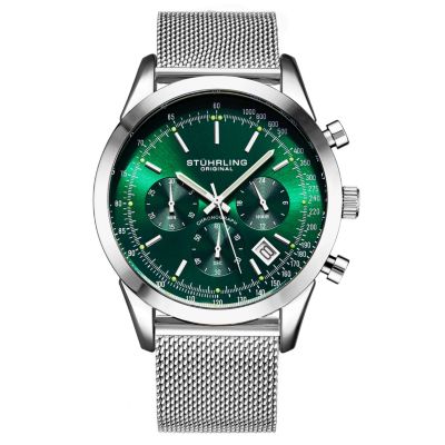 Stuhrling Rialto 3975.9 Мужские хронограф часы – Quartz Movement, 44mm Silver-Tone Case, Green Dial, Stainless Steel Mesh Bracelet