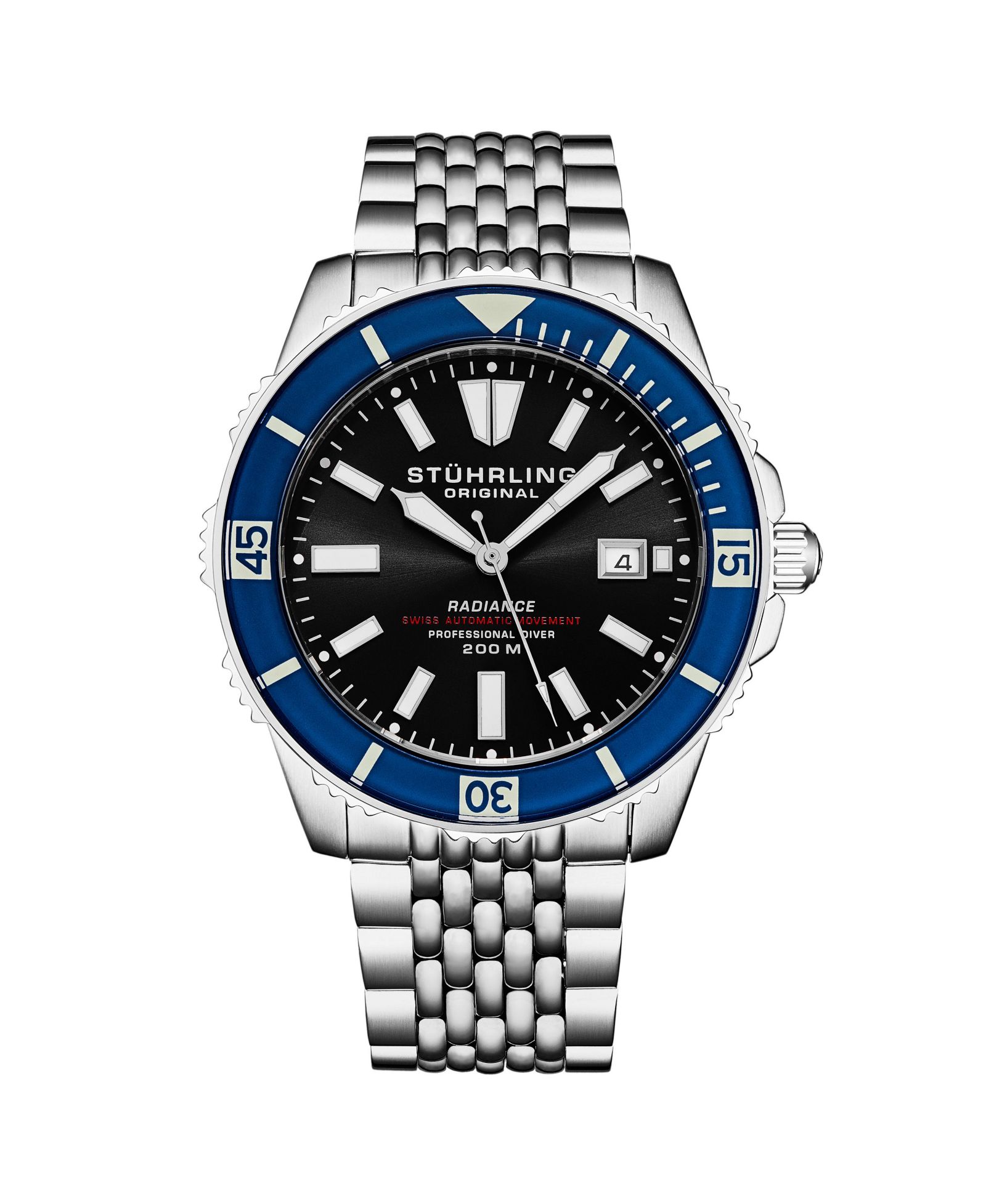 Мужские часы Stuhrling 1006 Automatic Dive Watch Swiss Movement Black Dial Luminous Hands Unidirectional Bezel Stainless Steel Beaded Bracelet Date Window