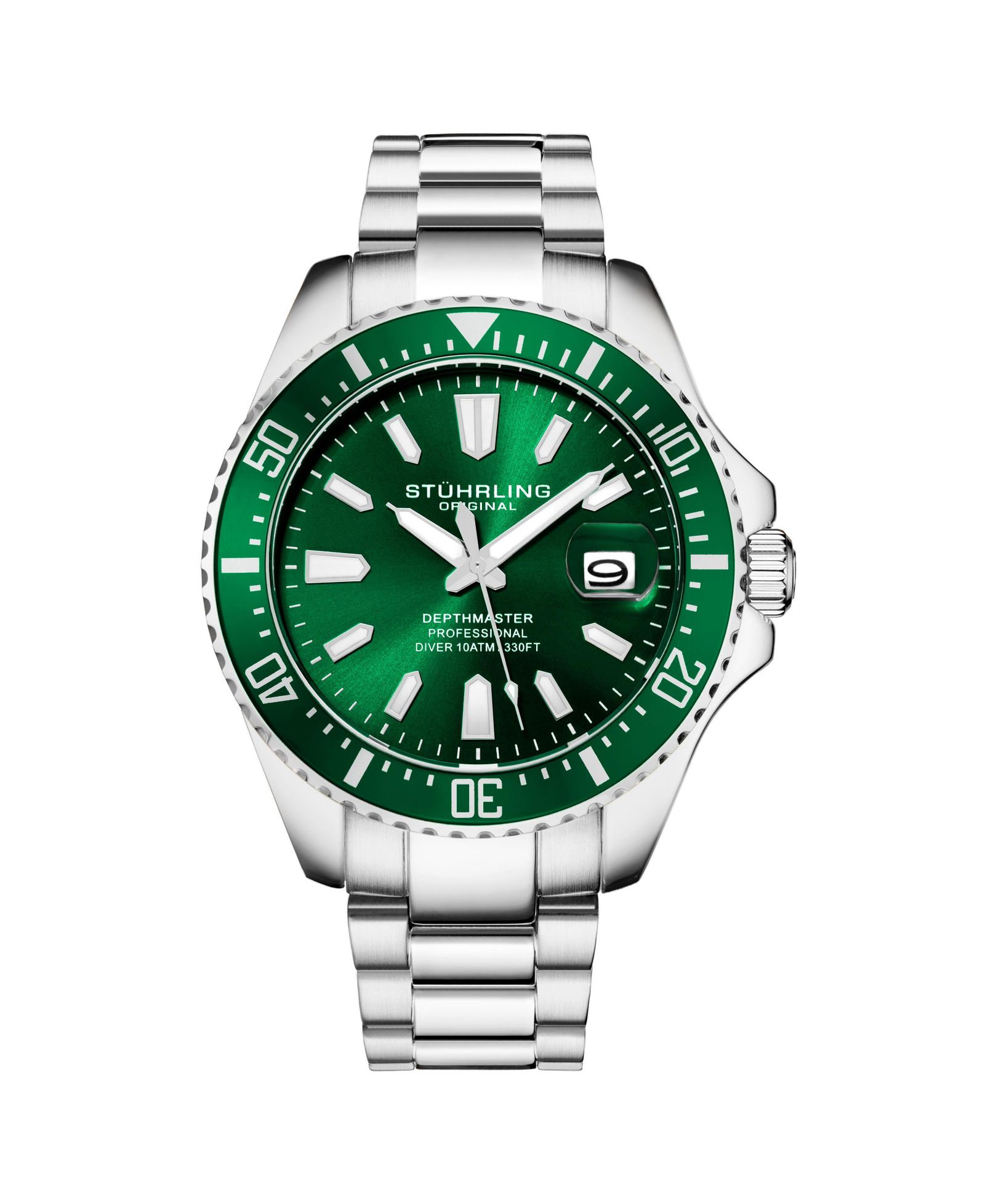 Stuhrling Men's Aquadiver Silver-tone Stainless Steel , Green Dial , 42mm Round Watch