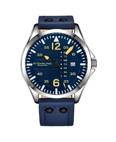 Мужские часы Stuhrling Aviator Blue Leather, Blue Dial, 51mm Round Watch