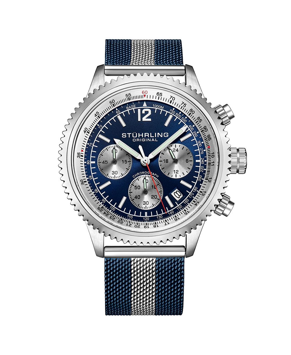Мужские часы Stuhrling Monaco Blue|Silver-tone Stainless Steel, синий циферблат, круглые 47mm
