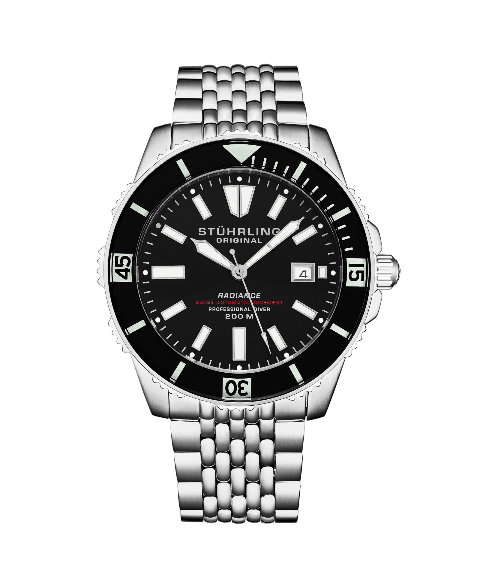 Stuhrling Men s Radiance Heritage 1006 43mm Swiss Automatic Diver Watch, Black Dial and Bezel, Oyster-Style Bracelet, Exhibition Caseback, 200M WR