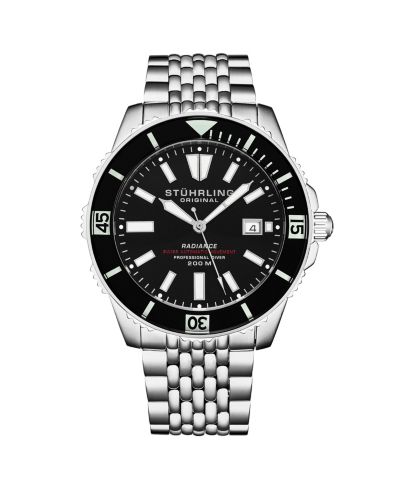 Stuhrling Men s Radiance Heritage 1006 43mm Swiss Automatic Diver Watch, Black Dial and Bezel, Oyster-Style Bracelet, Exhibition Caseback, 200M WR