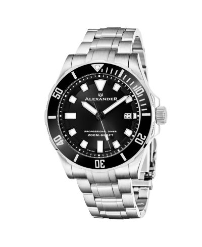 Alexander Men's Vathos Silver-tone Stainless Steel , Black Dial , 42mm Round Watch